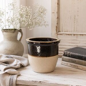 Primitive Stoneware Crock 6" Albany Slip Colonial Farmhouse Americana Decor